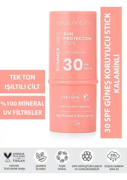 Bade Natural Pembe %100 Mineral Filtreli Güneş Koruyucu Stick 30 SPF Doğal ve Hassas Ciltler İçin
