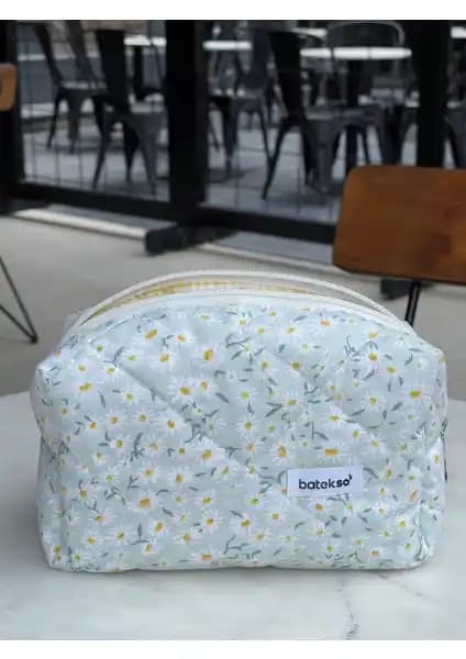 Batekso Beyaz Papatya Desenli Büyük Boy Makyaj Çantası Günlük ve Seyahat Kullanımı İçin
