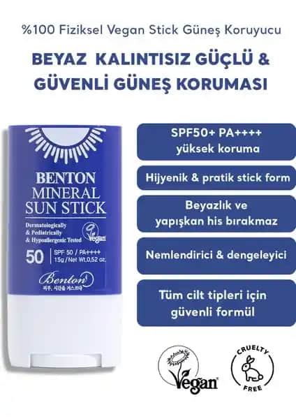 Benton Mineral Sun Stick SPF50 PA++++: Yüksek Koruma ve Doğal Görünüm Sağlayan Güneş Koruyucu