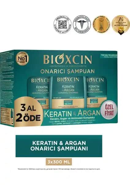 Bioxcin Keratin ve Argan İçerikli Onarıcı Bakım Şampuanı Saç Sağlığı ve Parlaklığı için