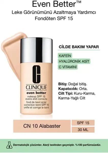 Clinique Even Better Doğal Bitişli Fondöten SPF 15: Cilt Tonunu Eşitleyen ve Lekeleri Gizleyen Günlük Kullanım İçin Uygun
