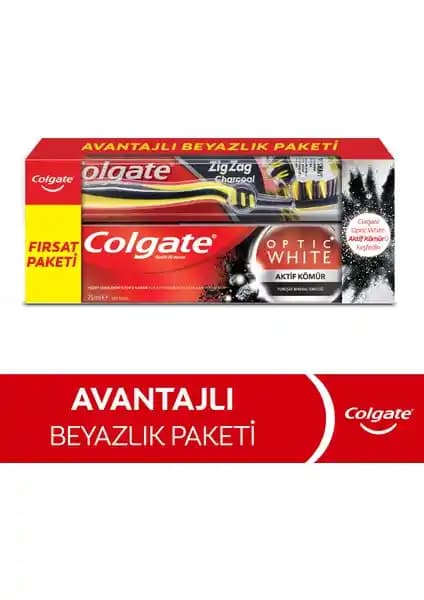 Colgate Optic White Aktif Kömür Diş Macunu ve ZigZag Orta Diş Fırçası ile Güçlü Ağız Bakımı