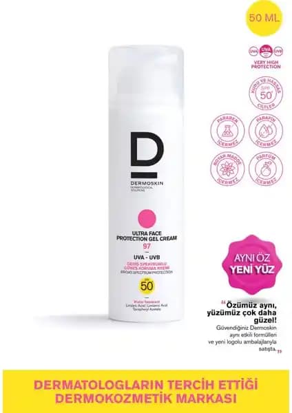 Dermoskin Ultra Face Protection Gel Cream SPF 97+ yüksek koruma ve nemlendirme sağlayan ürün