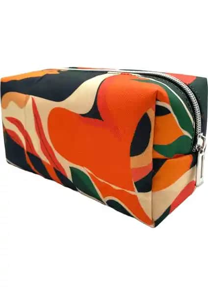 Differ Studio Yaprak Desen Turuncu Su Geçirmez Geniş İç Hacimli Kalemlik ve Makyaj Çantası