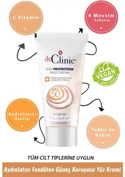 Dr. Clinic Ay<dı>nlatıcı Fondöten Güneş Koruyucu SPF 50: Cilt Koruma ve Makyaj Bir Arada Ürün