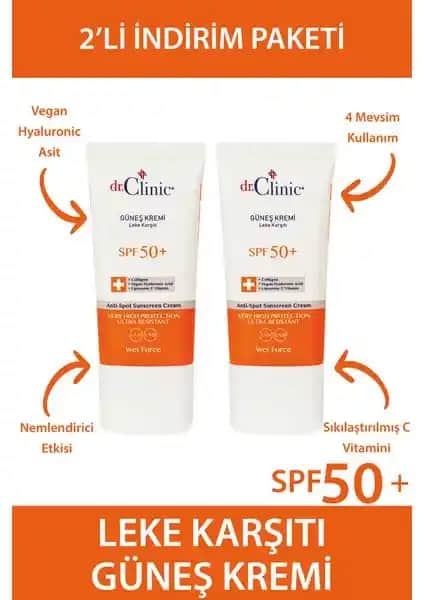 Dr. Clinic Güneş Koruyucu Krem Leke Karşıtı 50+ 2'li 40ml, Hassas ve Parlak Ciltler İçin Güçlü Koruma