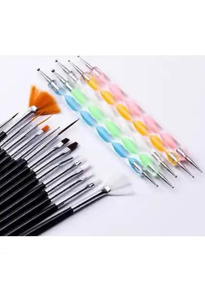 Ecoform 20 Parça Nail Art Seti Siyah Renk Fırça ve Dot Kalemleri Profesyonel ve Ev Kullanımı İçin