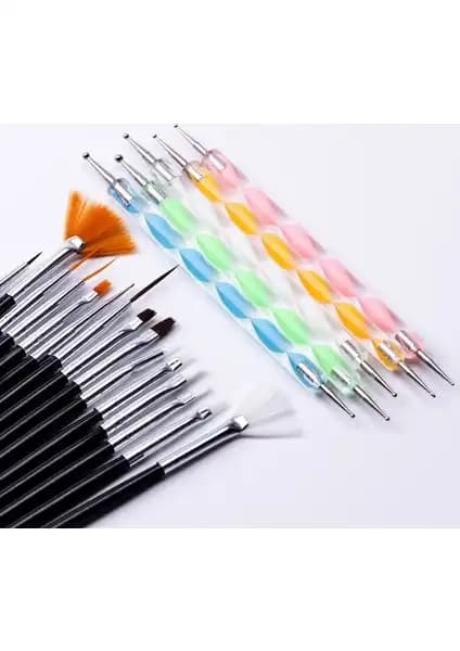 Ecoform 20 Parça Nail Art Seti Siyah Renk Fırça ve Dot Kalemleri Profesyonel ve Ev Kullanımı İçin
