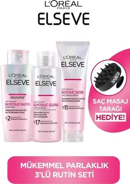Elseve Glycolic Gloss Mükemmel Parlaklık 3'lü Saç Bakım Seti Saçlara Doğal Parlaklık ve Sağlık Kazandırır