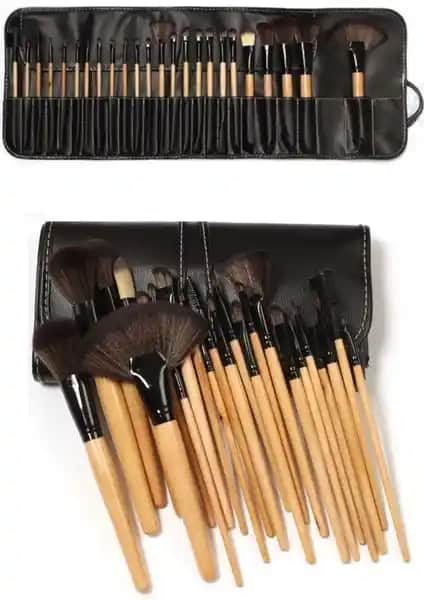 İzla İzla 24 Parça Bambu ve Deri Çantalı Yüksek Kaliteli Makyaj Fırça Seti