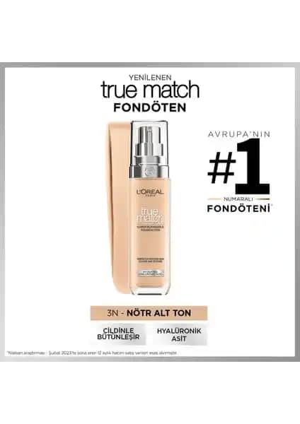 L'Oréal Paris True Match Bakım Yapan Fondöten 3N Nötr Alt Ton ile Günlük Kullanım İçin Uygun