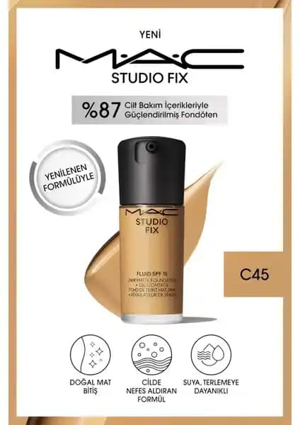 Mac Studio Fix Fluid SPF 15 Mat Fondöten C45: Uzun Süre Kalıcı ve Doğal Mat Bitişli
