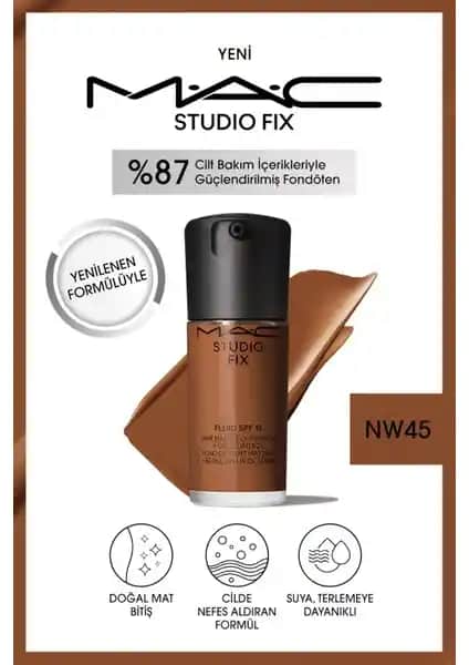 MAC Studio Fix Fluid SPF 15 NW45 ile doğal ve mat makyaj sonucu sağlayan yüksek performanslı fondöten