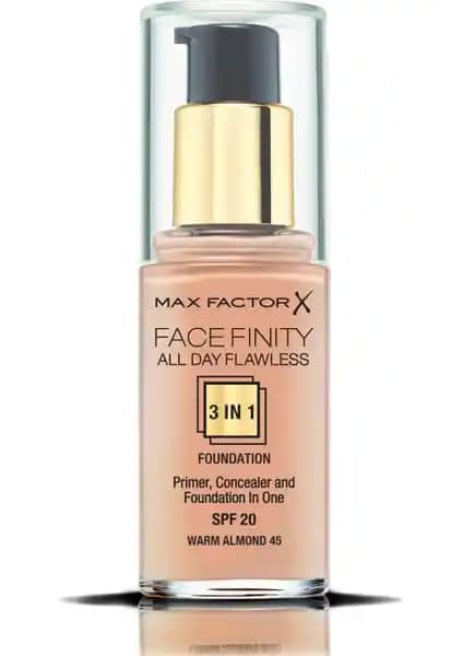 Max Factor FaceFinity 3'ü 1 Arada Kalıcı Fondöten 45 Warm Almond ile doğal ve uzun süre kalıcı makyaj çözümleri