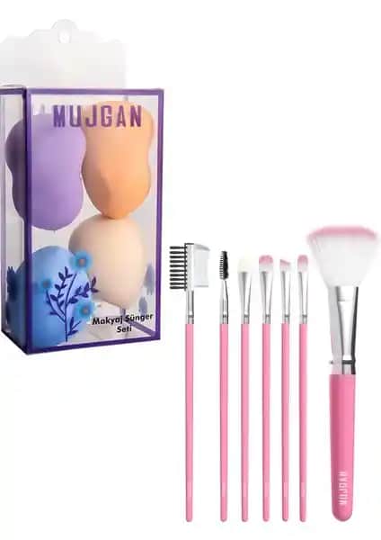 MUJGAN 4'lü Armut Sünger ve 7'li Poşetli Fırça Seti ile Makyaj ve Cilt Bakımında Pratik Çözüm
