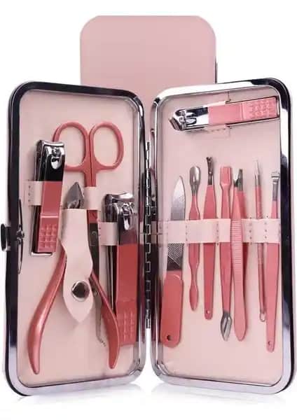MUJGAN Deri Bej Çantalı Pembe Çelik Manikür Seti ile Bakımda Şıklık ve Fonksiyonellik