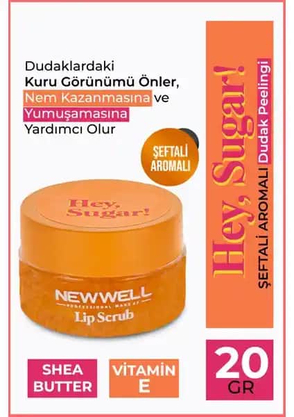 New Well Hey Sugar Şeftali Aromalı Dudak Peelingi Doğal ve Etkili Dudak Bakım Ürünü