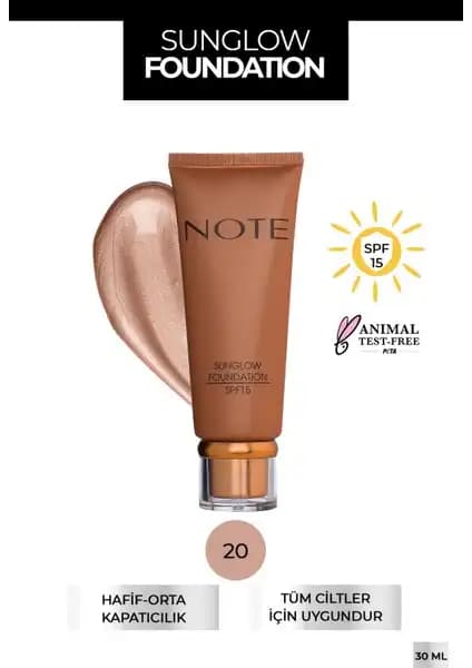 Note Cosmetics Sunglow Foundation SPF 15 ile doğal ışıltı ve bronzluk sağlayan makyaj ürünü