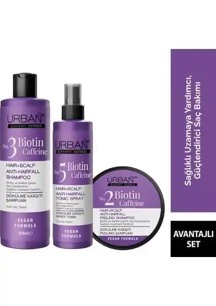 Urban Care Expert Biotin ve Kafein İçeren 3'lü Saç Bakım Seti Doğal ve Vegan Formülüyle Saç Güçlendirme