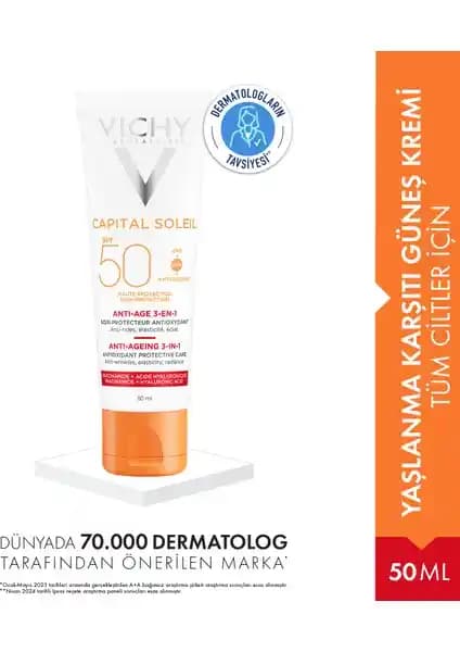 Vichy Capital Idéal Soleil Yaşlanma Karşıtı Renkli Yüz Güneş Kremi SPF 50+ ile Güçlü ve Doğal Koruma