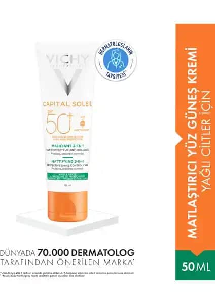 Vichy Capital Soleil SPF 50+ Matlaştırıcı Yüz Güneş Kremi Hassas ve Yağlı Ciltler İçin Güçlü Koruma
