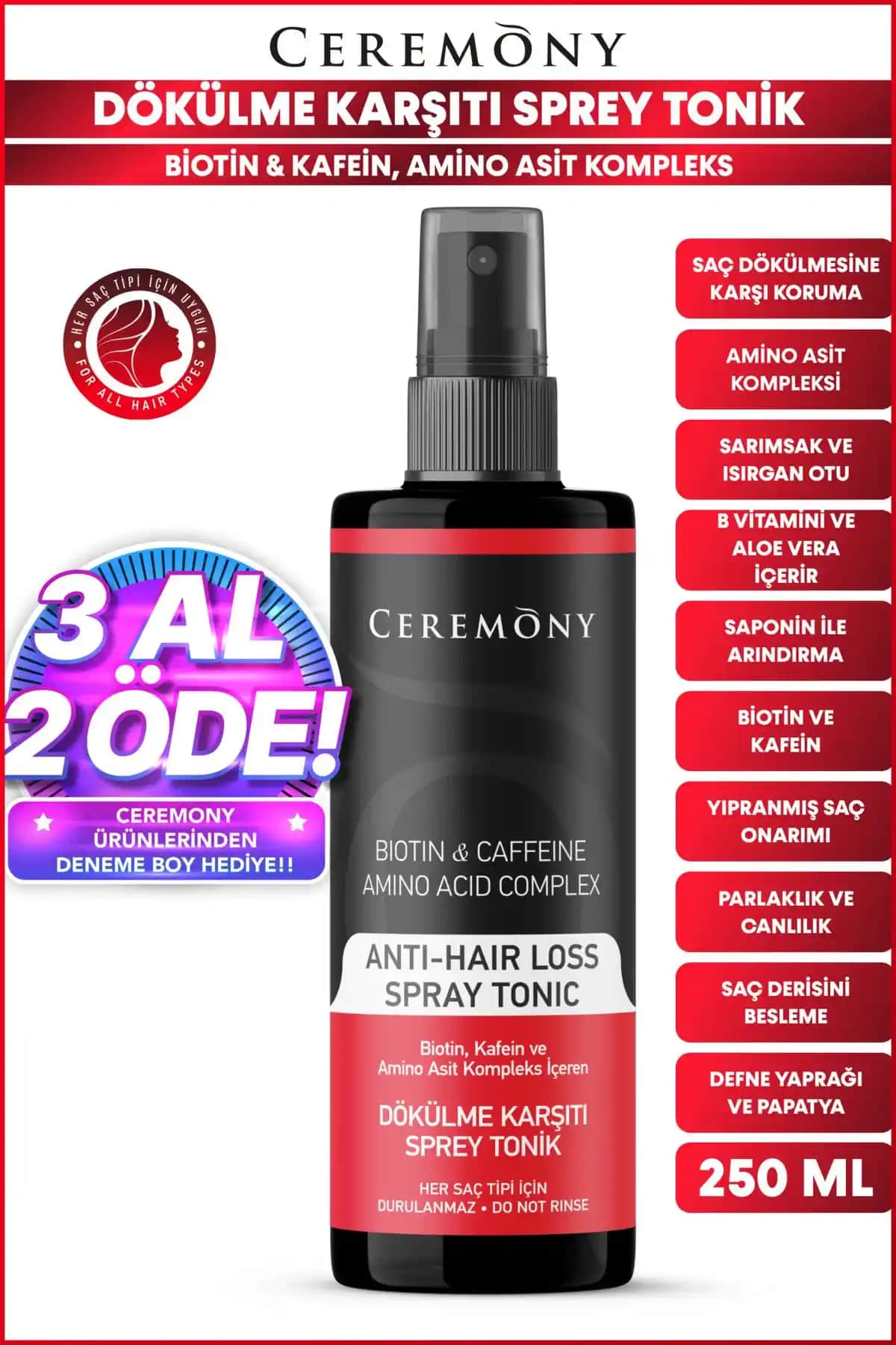 Ceremony Biotin Kafein Amino Kompleks Saç Spreyi ile Saç Sağlığını Güçlendirme ve Dökülmeyi Azaltma