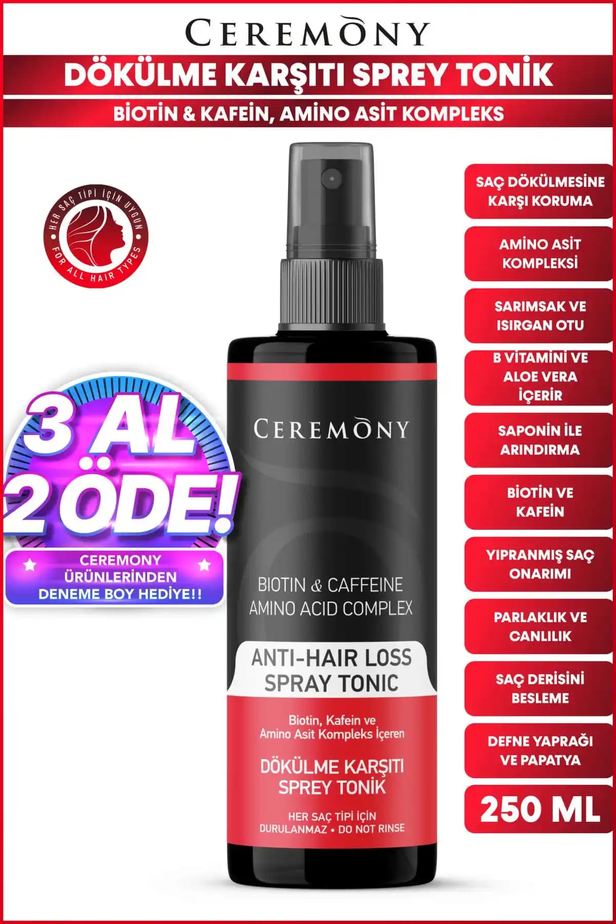 Ceremony Biotin Kafein Amino Kompleks Saç Spreyi ile Saç Sağlığını Güçlendirme ve Dökülmeyi Azaltma