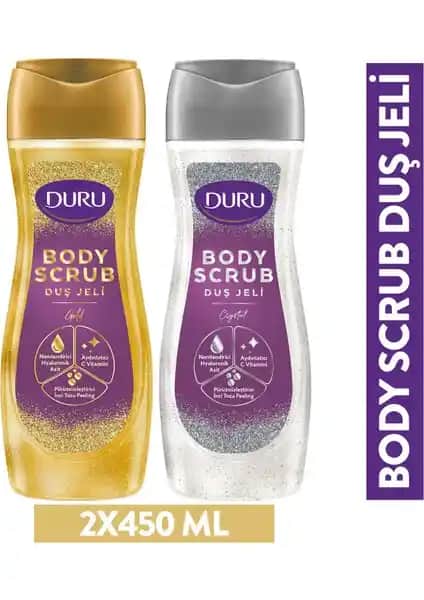Duru Body Scrub Crystal & Gold Duş Jeli 2X450 ml Ikili Set: Peeling ve Nemlendirme İçin Modern Cilt Bakım Ürünü