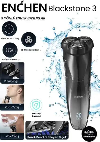 Enchen Blackstone 3 Siyah Elektrikli Tıraş Makinesi Yüksek Performans ve Su Geçirmez Özelliklerle