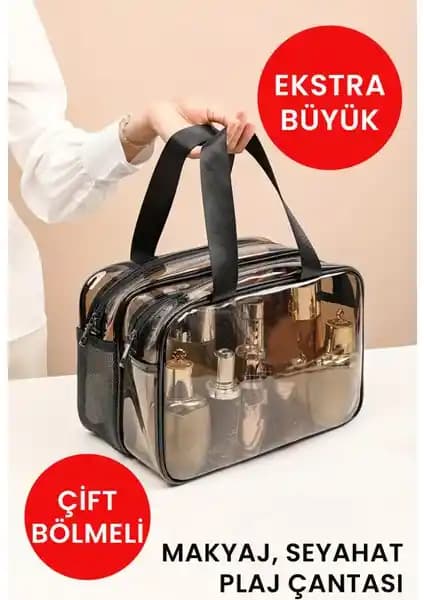 Kayoubi Arnee Şeffaf Çift Bölmeli Büyük Kan Seyahat Kozmetik Çantası