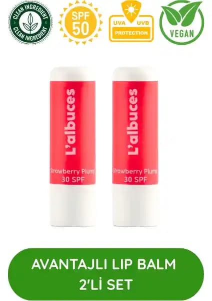 L'albuces Strawberry 30 SPF Plump Lip Balm İkili Set Güneş Koruyucu ve Dolgunlaştırıcı Dudak Bakımı