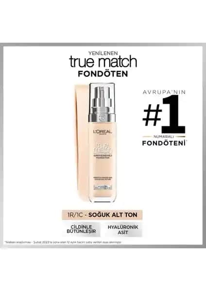 L'Oréal Paris True Match Bakım Yapan Fondöten 1C Soğuk Alt Ton ile doğal ve sağlıklı görünüm