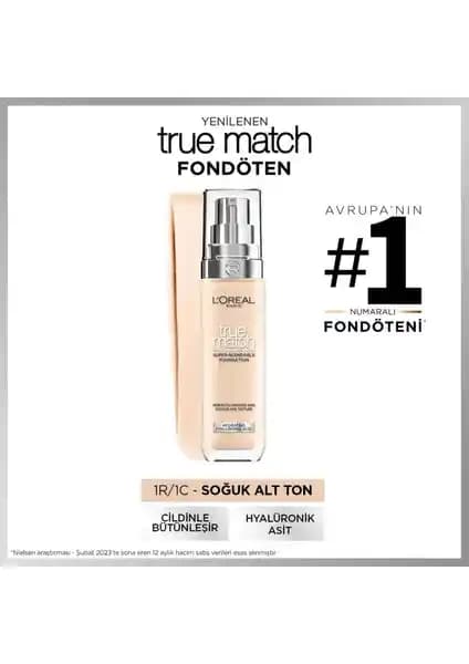 L'Oréal Paris True Match Bakım Yapan Fondöten 1C Soğuk Alt Ton ile doğal ve sağlıklı görünüm