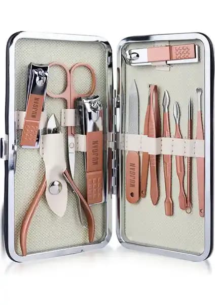 MUJGAN Bej Çantalı Pembe Çelik Manikür Seti 12 Parça ile Profesyonel Bakım Deneyimi