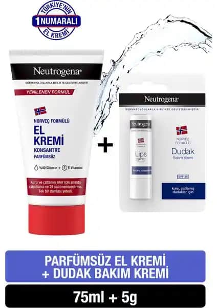 Neutrogena Norveç Formülü Parfümsüz El ve Dudak Kremi Günlük Nemlendirme ve Koruma Ürünü