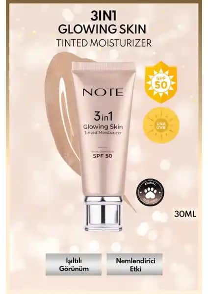 Note Cosmetics 3'ü Bir Arada Parlak Ciltli Nemlendirici SPF 50 Güneş Koruyucu ve Makyaj Bazı