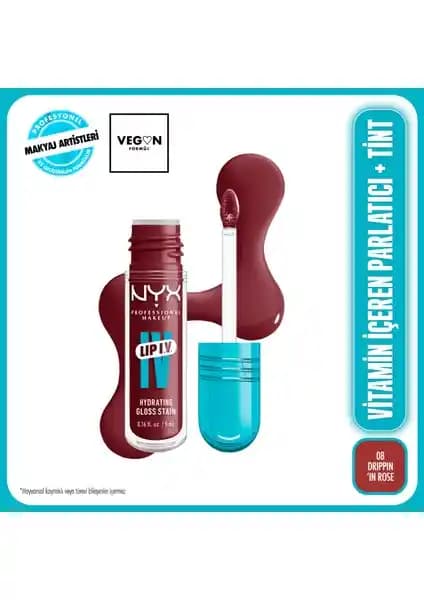NYX Lip I.V. Vitamin İçeren Parlatıcı ve Tint 08 Drippin' In Rose - Sağlıklı ve Kalıcı Dudak Bakımı