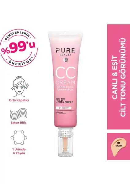 Pure Beauty SPF50 PA+++ Ivory CC Krem ile doğal ve parlak cilt görünümü sağlayan çok yönlü bakım ürünü