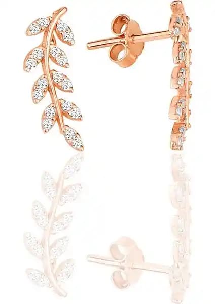 925 Ayar Gümüş Pembe Zirkon Yaprak Küpe – Doğa Temalı Minimalist ve Işıltılı Tasarım