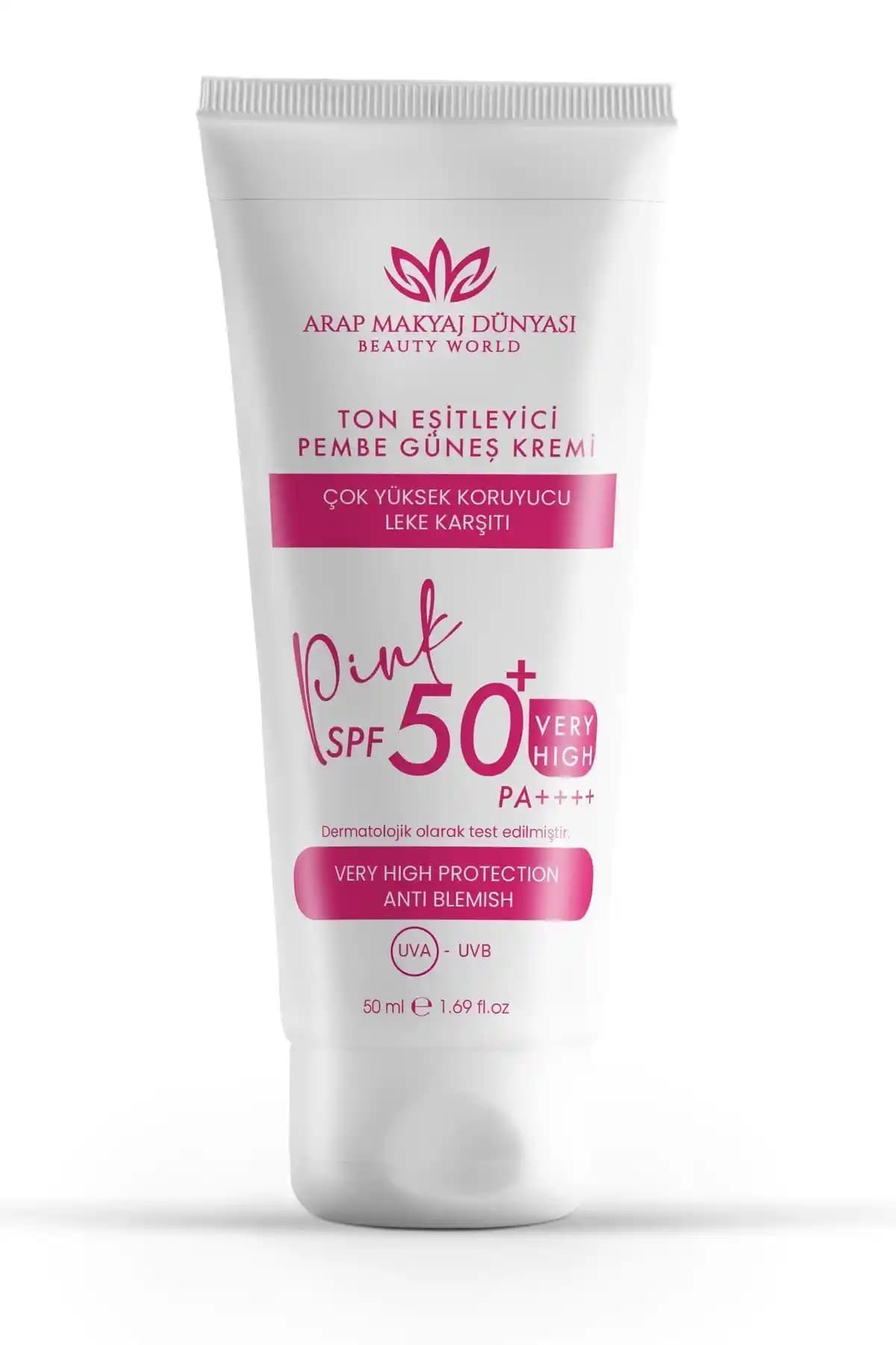 Arap Makyaj Dünyası Ton Eşitleyici Pembe Güneş Kremi SPF50+ Su Bazlı 50 ml günlük kullanım