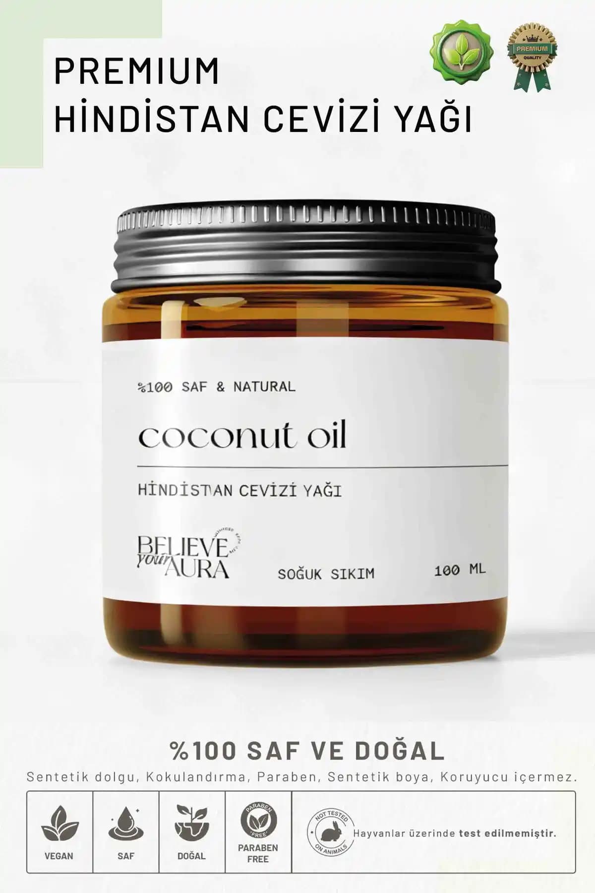 Believe Your Aura Hindistan Cevizi Yağı: %100 Saf Doğal Soğuk Sıkım Çok Amaçlı (100 ml)