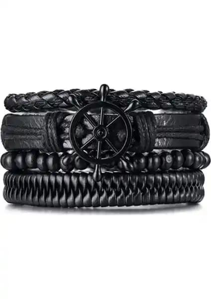 Chavin 4 Parça Deri Dümen Modeli Erkek Bileklik—Ayarlanabilir, Boncuklu Siyah