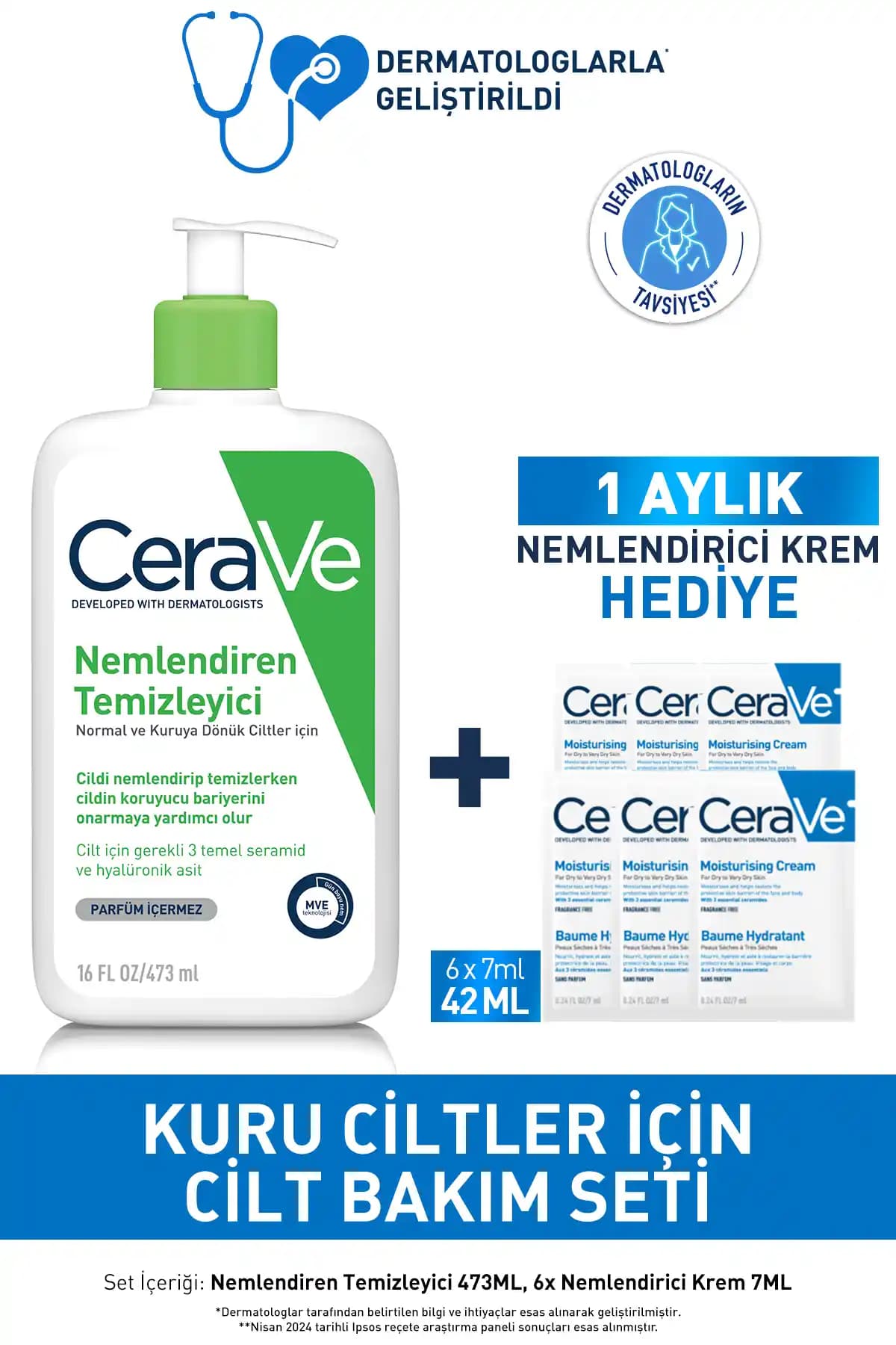 Fransa Menşeli CeraVe Kuru Ciltler İçin Cilt Bakım Seti: Nemlendirme ve Temizleme