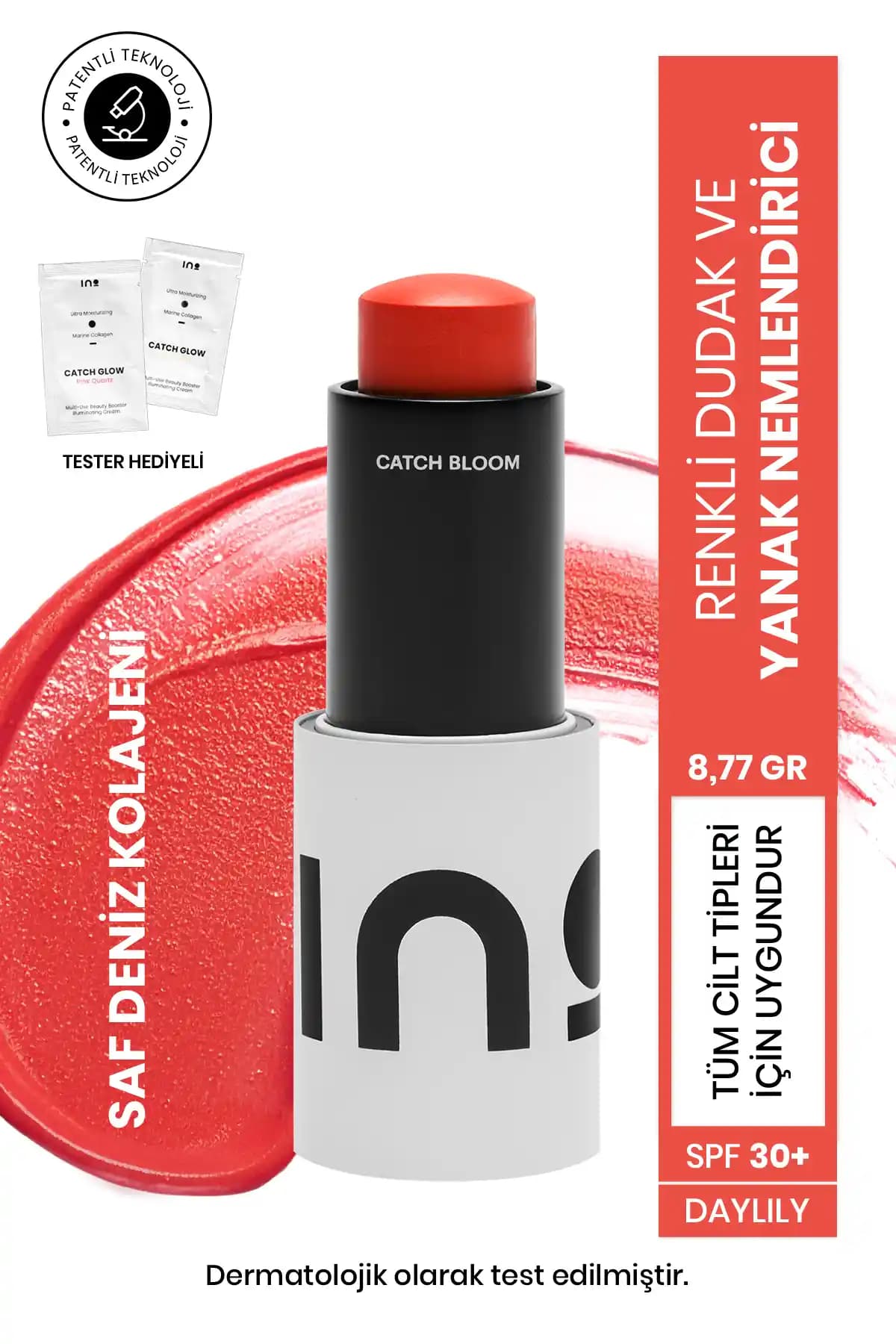 INO Daylily Stick: SPF30li, Turuncu Tonlarda Nemlendirici Ruj ve Allık, Saf Kolajen İçerir