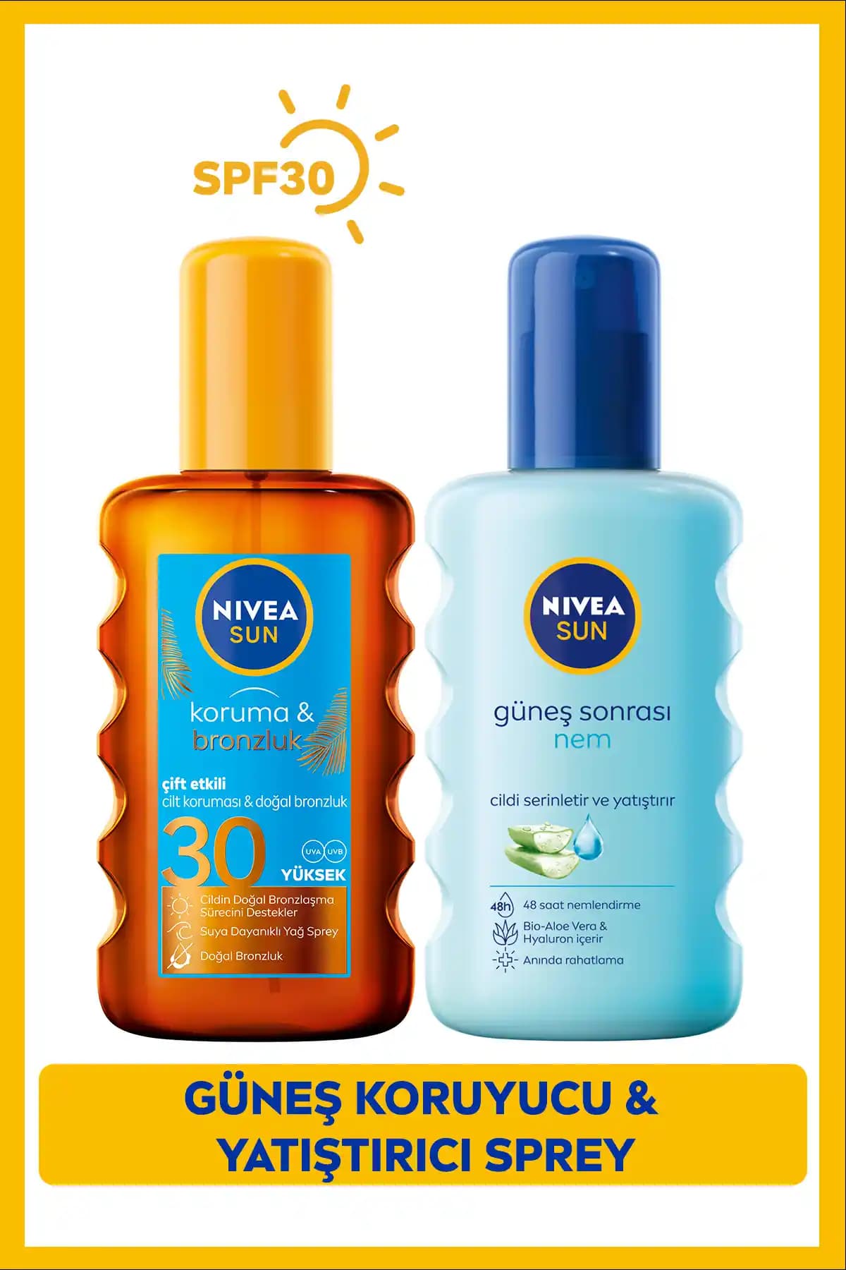 NIVEA SUN SPF30 Bronzlaştırıcı ve Güneş Sonrası Nemlendirici Vücut Spreyi Seti — Suya Dayanıklı