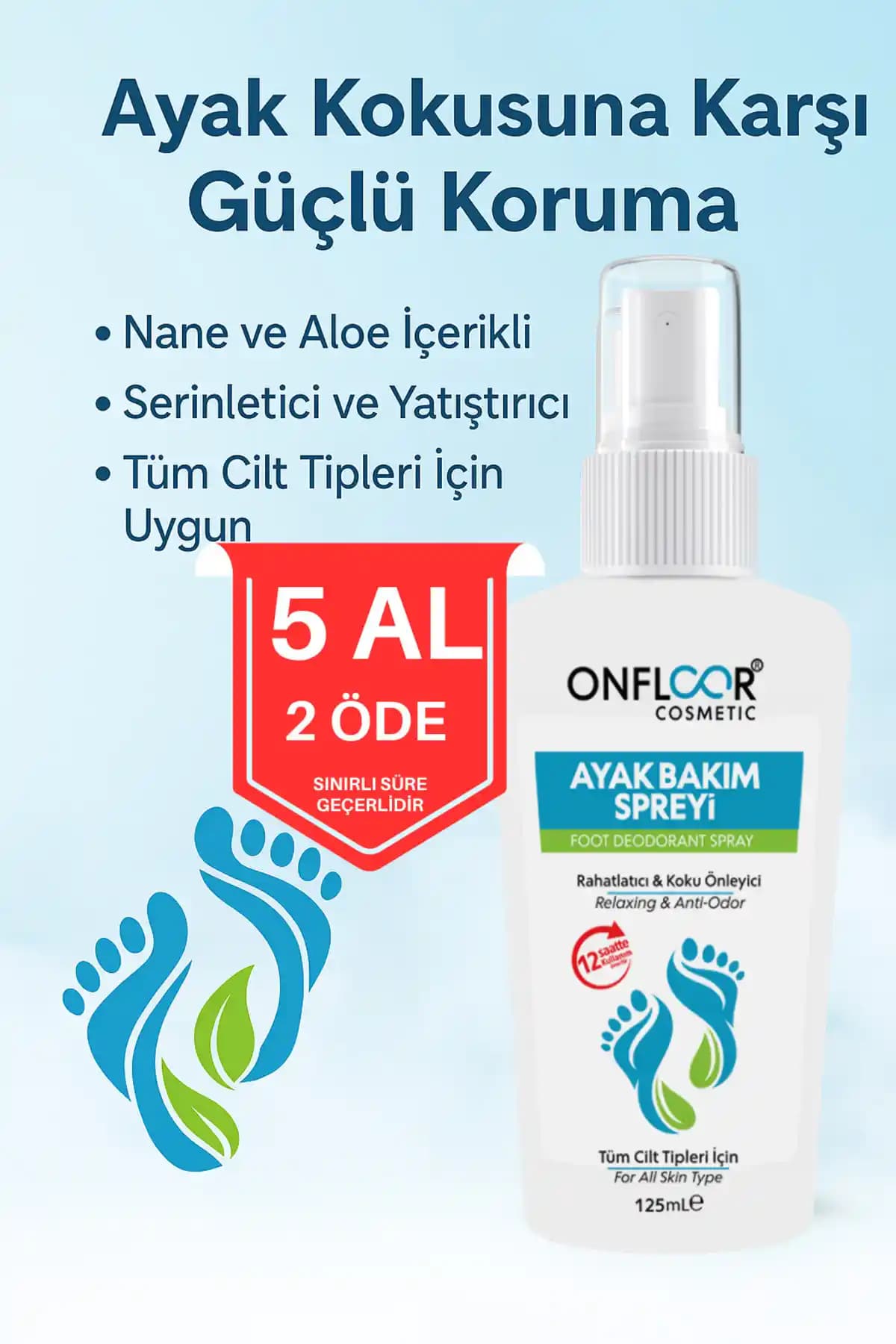 ONFLOOR Aloe Özlü Ayak Kokusu Giderici Sprey 125 ml – Anti Alerjik ve Güvenli