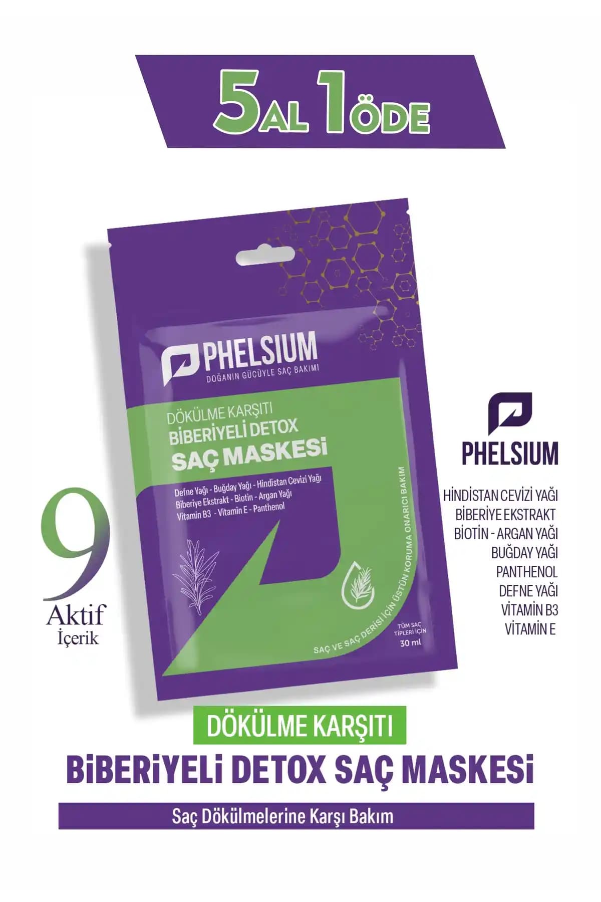 PHELSİUM 9 Aktifli Dökülme Karşıtı Biberiyeli Detox Saç Maskesi - İçerik ve kullanım özet