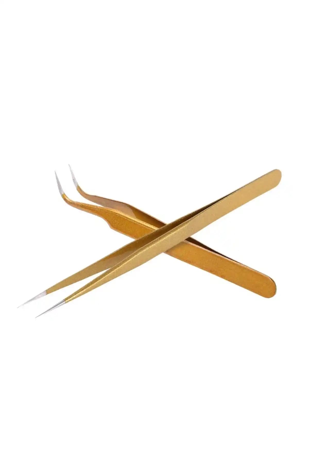 SinKa İpek Kirpik ve Epilasyon Cımbızı Takımı: Düz ve Kavisli Uçlar Altın Kaplama