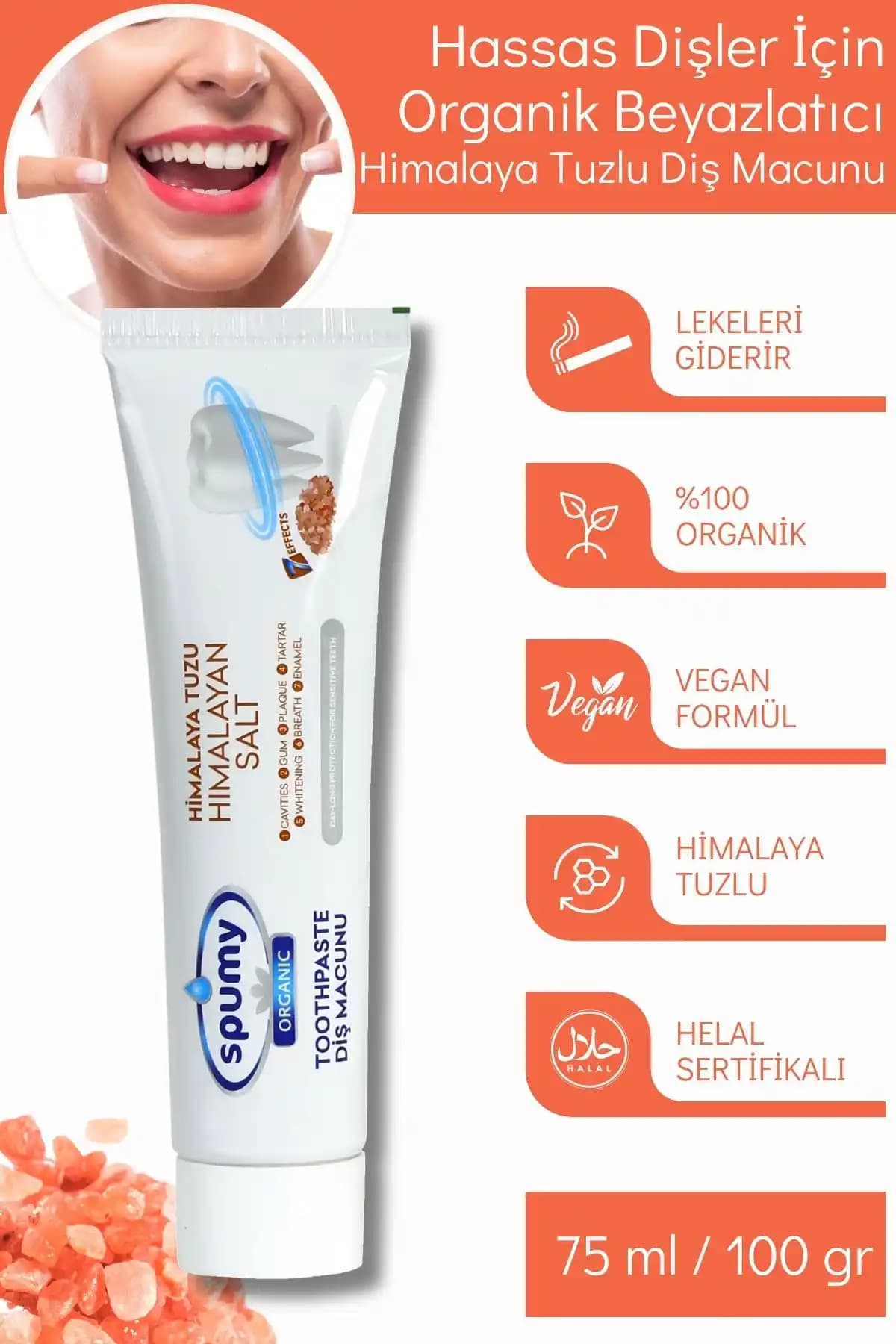 Spumy Hassas Dişler İçin Organik Beyazlatıcı Diş Macunu – Himalaya Tuzlu Parlatıcı, 100 g, ISO 9001