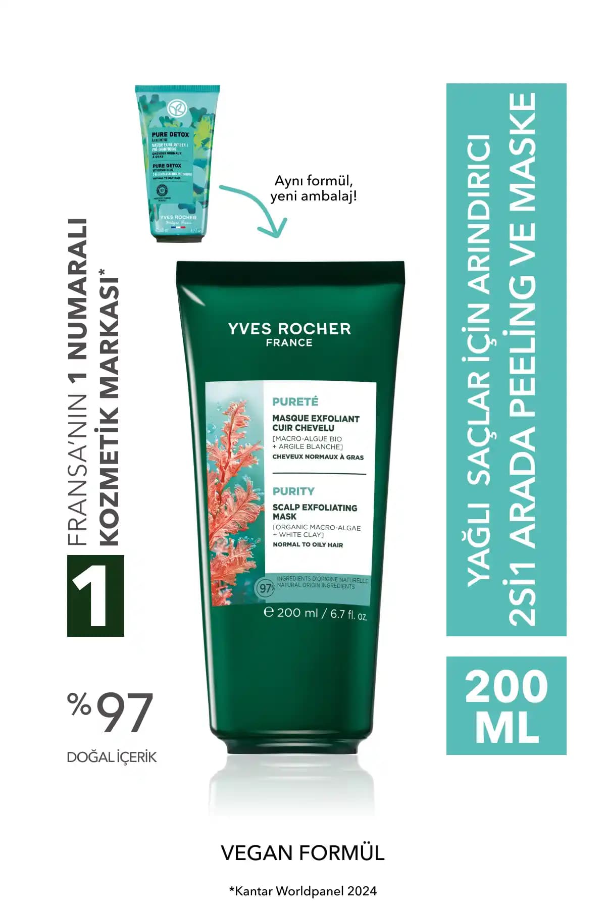 Yves Rocher Purete 2si1 Arada Peeling ve Maske Yağlı Saçlar için Vegan Arındırıcı (200 ml)